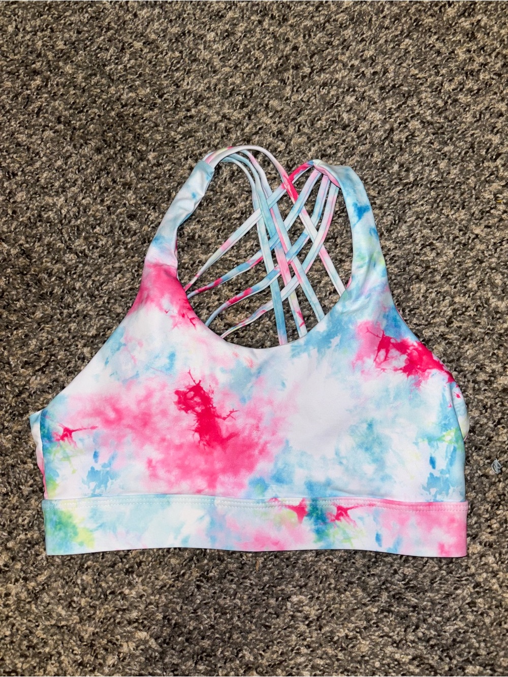 Colorful Tie-Dye Strappy Sports Bra brand is SHEIN.